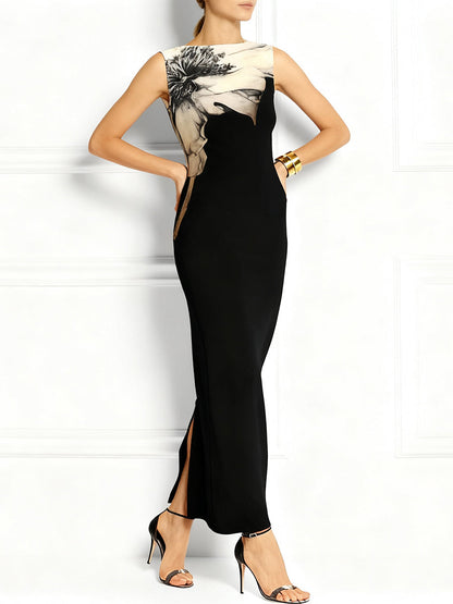 Bodycon Long Sleeves Floral Printed Split-Back Split-Joint Boat Neck Maxi Dresses