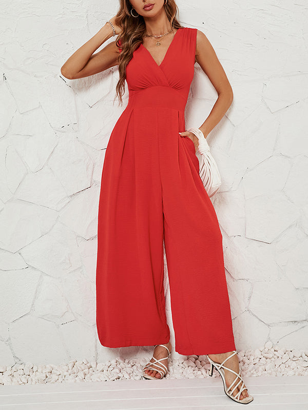Loose Sleeveless Pleated Solid Color Split-Joint V-Neck Jumpsuits