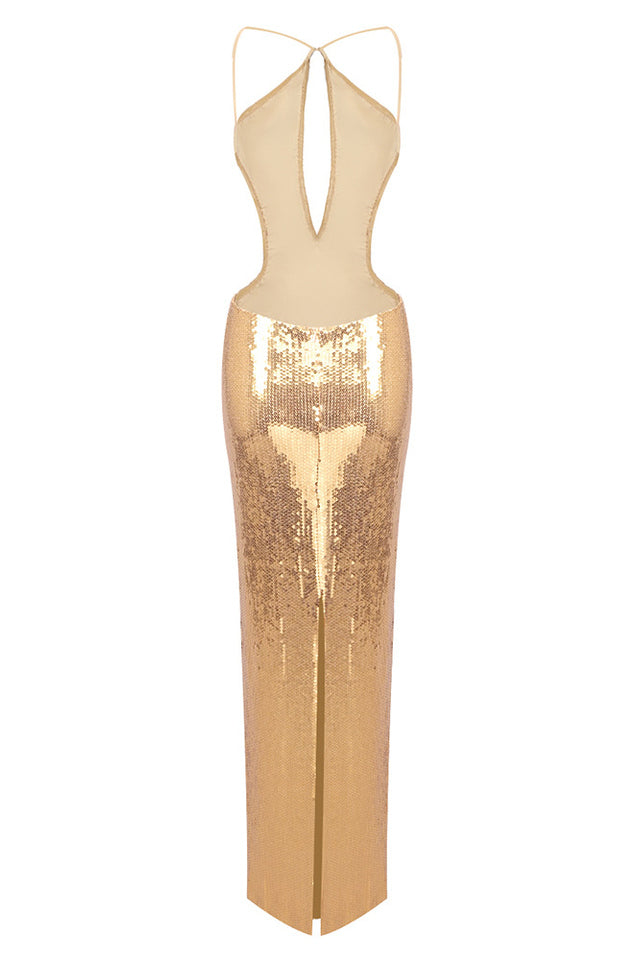 Halter Sequin Backless Maxi Dress