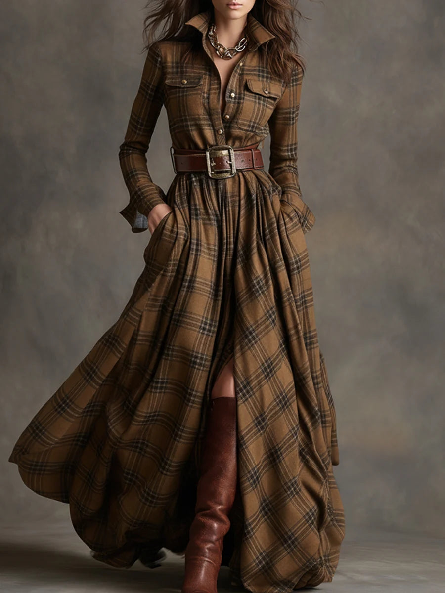 Long Sleeves Buttoned No Belt Plaid Pockets Split-Front Lapel Maxi Dresses