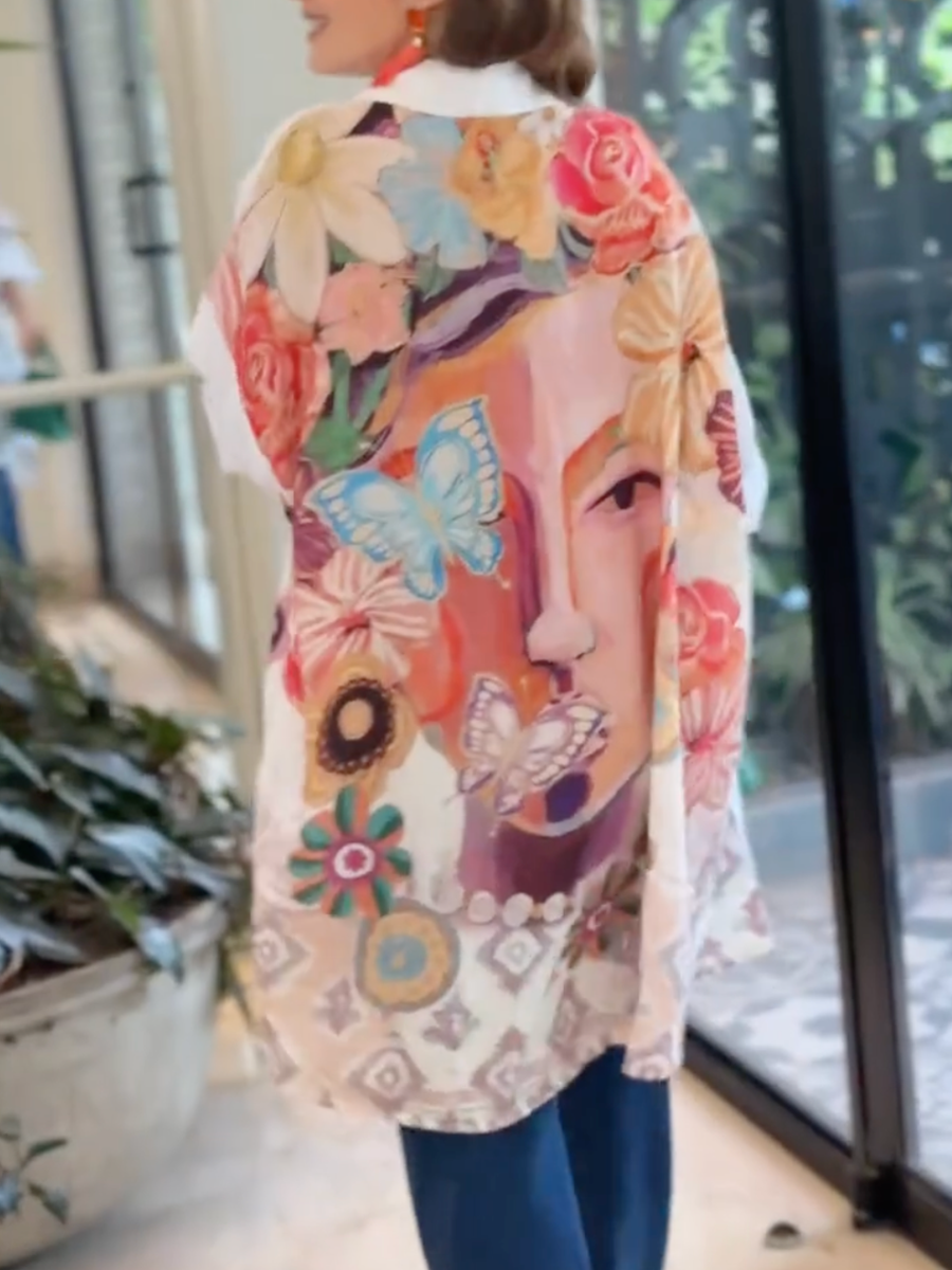 Split-Joint Flower Print Contrast Color Buttoned Butterfly Print Loose Long Sleeves Lapel Blouses&Shirts Tops