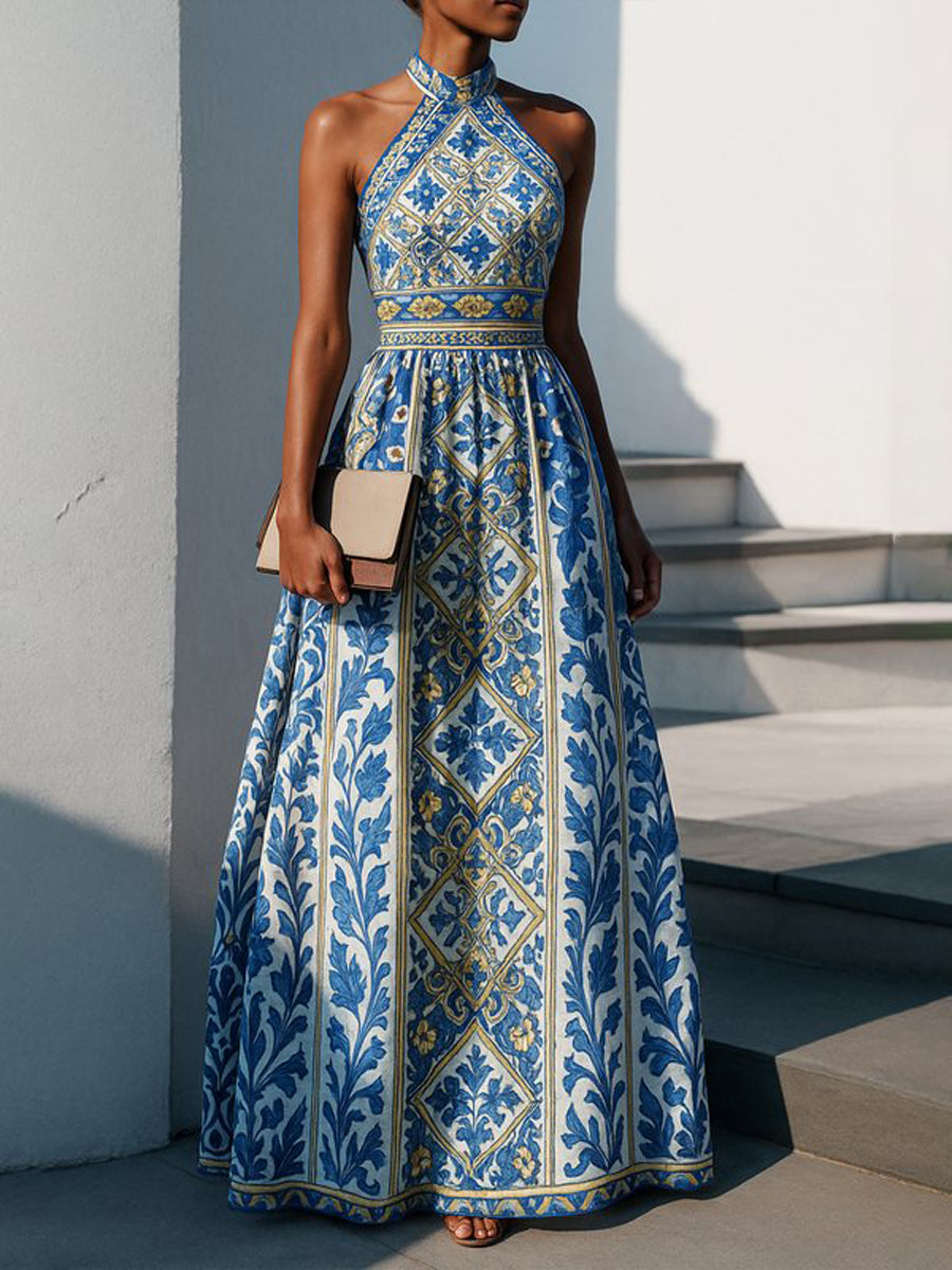 A-Line High Waisted Flower Print Pleated Zipper Halter-Neck Maxi Dresses