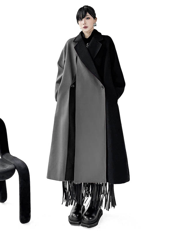 Irregularity Long Sleeves Buttoned Contrast Color Double-Breasted Split-Joint Tasseled Notched Collar Outerwear Overcoat