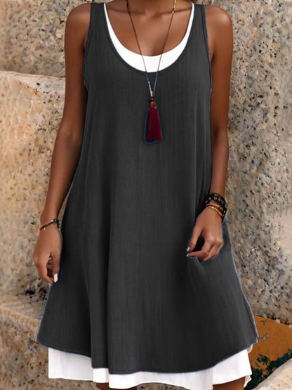 A-Line False Two Solid Color Split-Joint U-Neck Midi Dresses