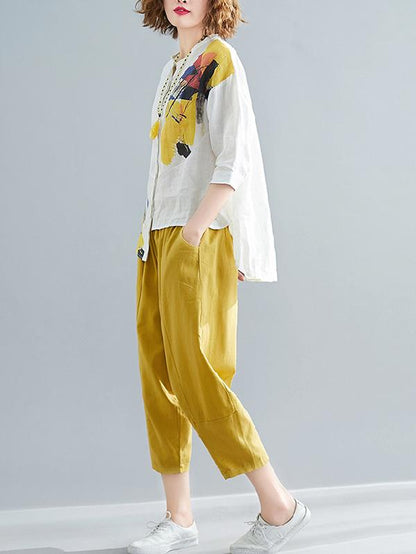 Printed Shirt + Solid Wide Leg Pants