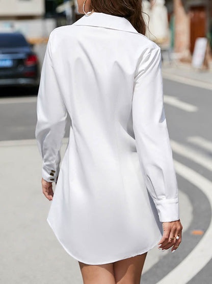 Long Sleeves Loose Buttoned Pleated Solid Color Lapel Mini Dresses Shirt Dress