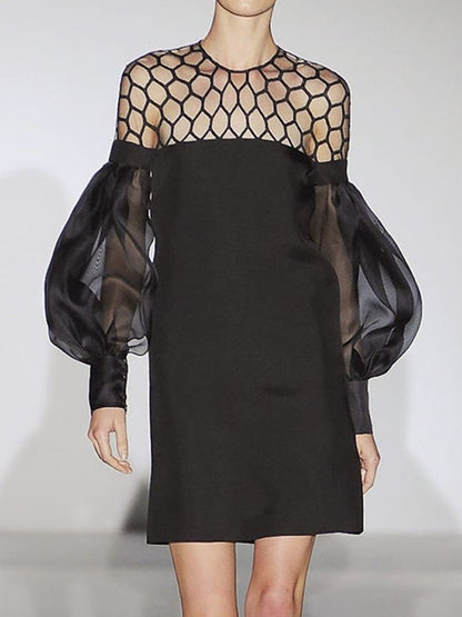 Long Sleeves Loose Hollow Solid Color Split-Joint Round-Neck Mini Dresses