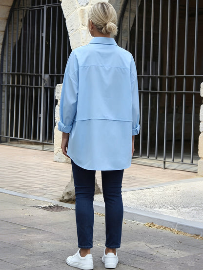 Split-Joint Solid Color Buttoned Loose Long Sleeves Lapel Blouses&shirts Tops