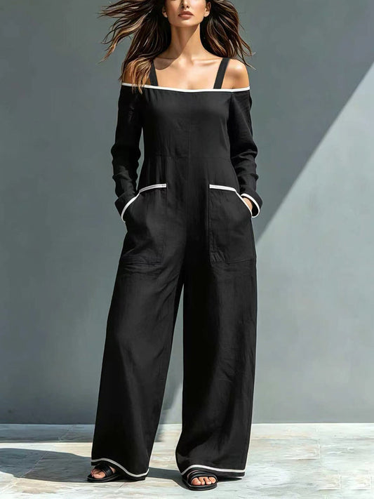 Pockets Contrast Color Wide Leg Plus Size Spaghetti-Neck Jumpsuits
