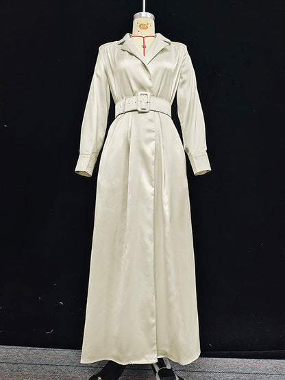 Robe longue ample à manches longues et col cranté, couleur unie, sans ceinture 