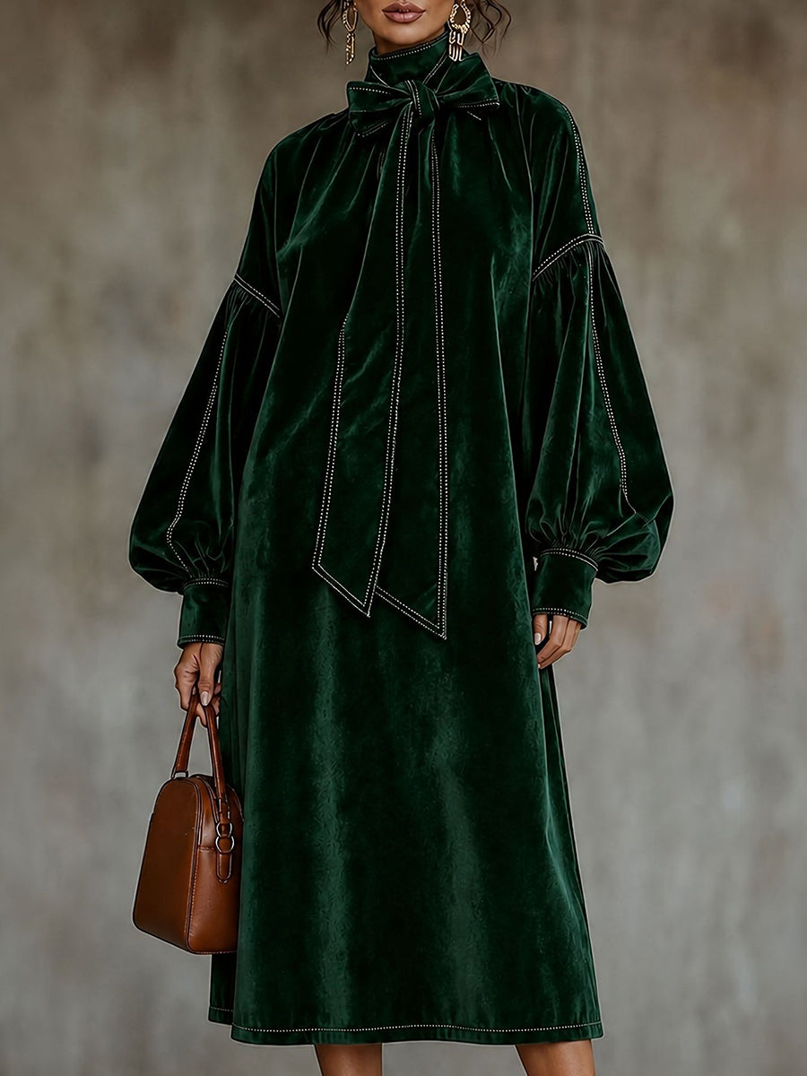 Split-Joint Knot Contrast Color Puff Sleeves Plus Size High-neck Midi Dresses
