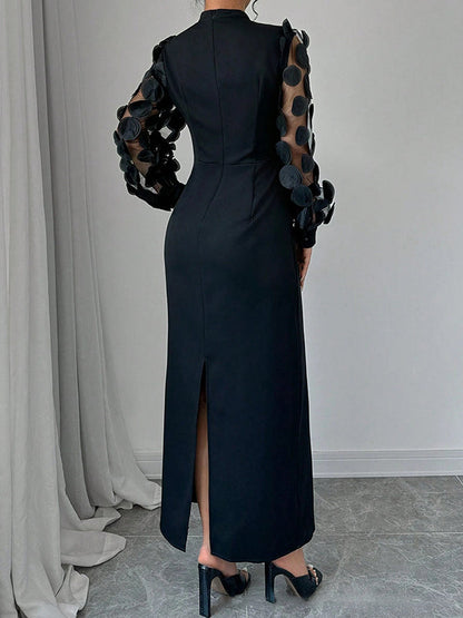 A-Line Bodycon Pleated Solid Color Split-Back Split-Joint Zipper Mock Neck Maxi Dresses