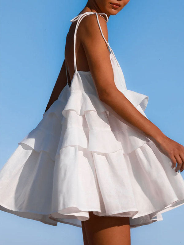 Mini-robes taille haute amples, dos nu, plissées, superposées, couleur unie, nouées, col spaghetti 