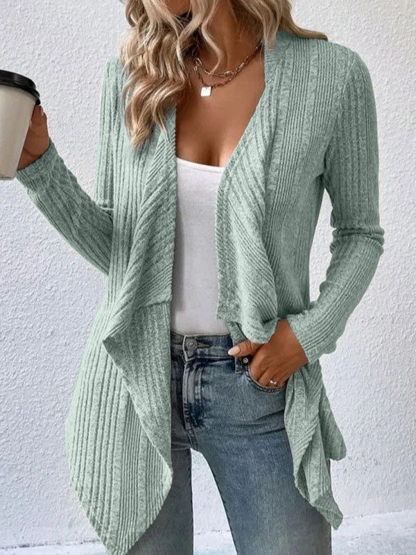 Long Sleeves Loose Solid Color Collarless Cardigan Tops LIGHT GREEN