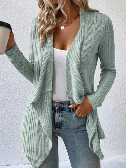 Long Sleeves Loose Solid Color Collarless Cardigan Tops LIGHT GREEN