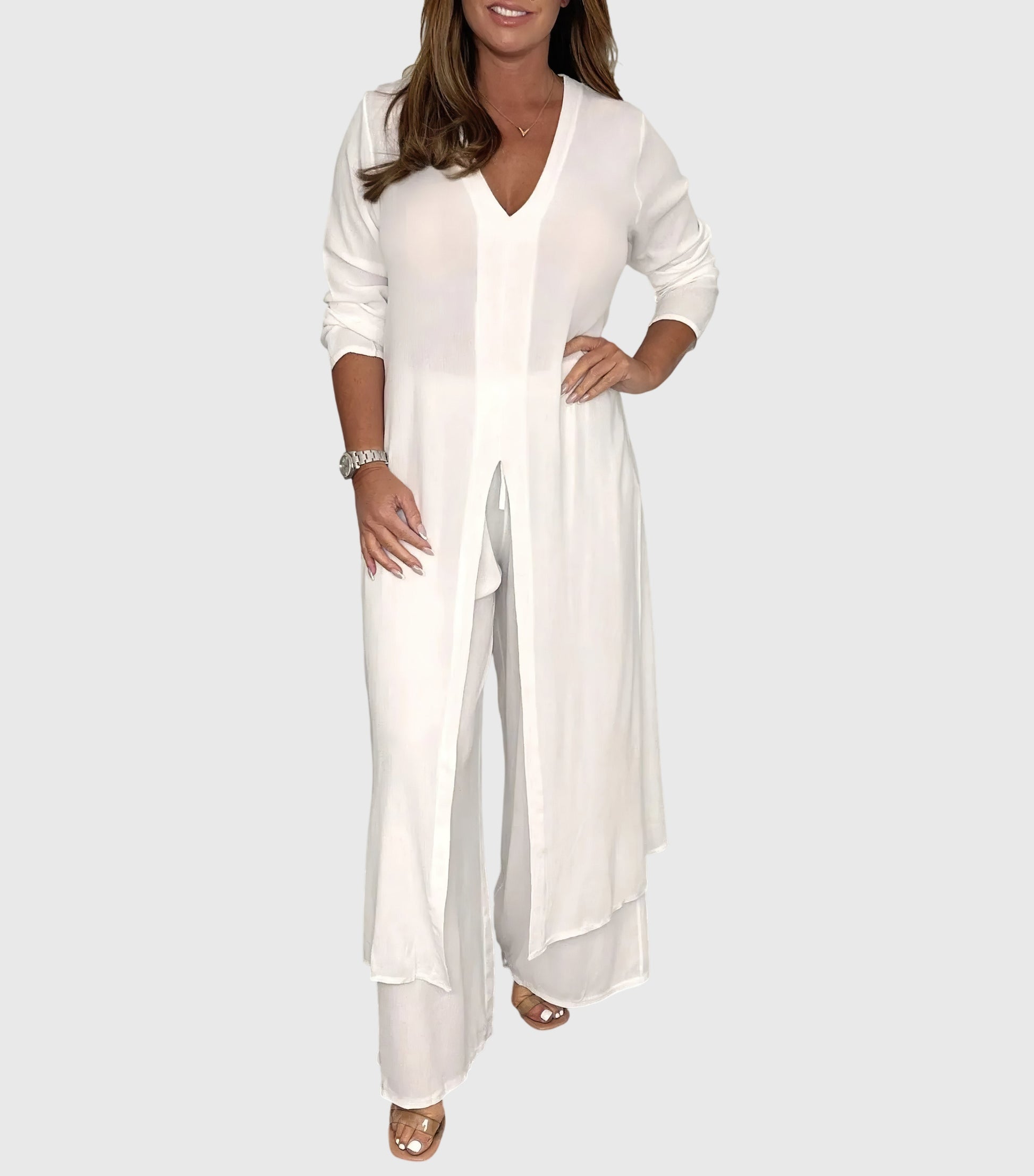 Pearl | Women's Duster Cardigan Two-Piece Set Wide Leg Pants