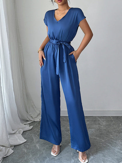 High Waisted Loose Backless Pleated Pockets Solid Color Tied Waist V-Neck Jumpsuits