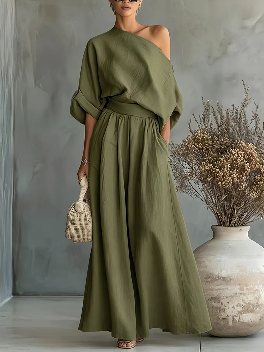 Loose Solid Color One-Shoulder Blouses&Shirts Tops + High Waisted Pleated Pockets Pants Trousers Two Pieces Set