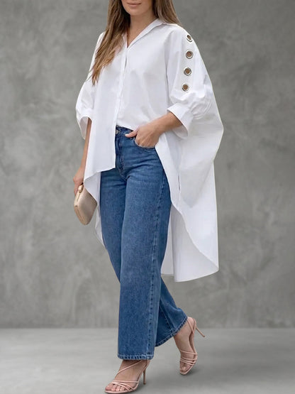 High-Low Loose Buttoned Hollow Pleated Solid Color Lapel Blouses&Shirts Tops