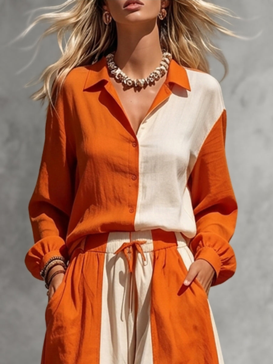 Long Sleeves Puff Sleeves Buttoned Contrast Color Lapel Blouses&Shirts Tops