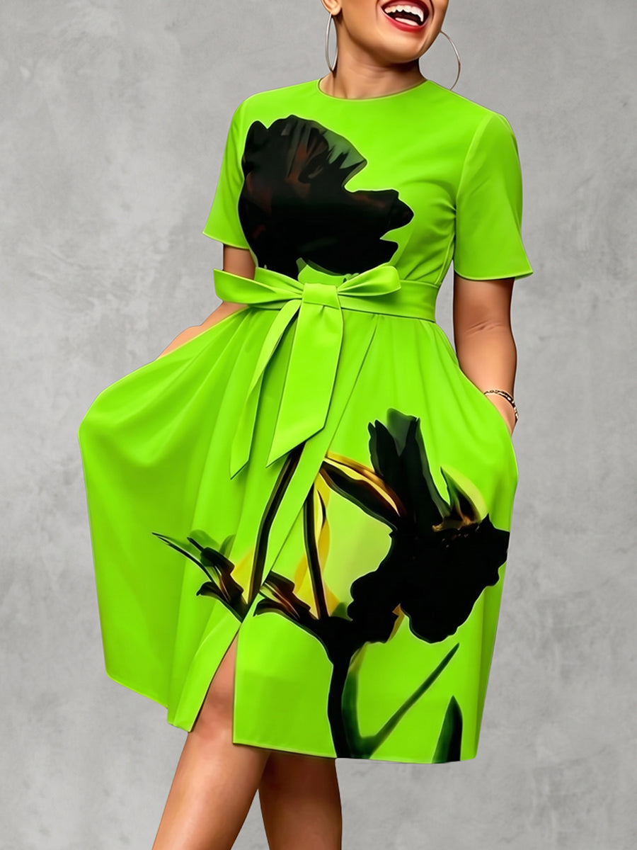 High Waisted Short Sleeves Contrast Color Flower Print Pockets Split-Front Tied Waist Zipper Round-Neck Midi Dresses