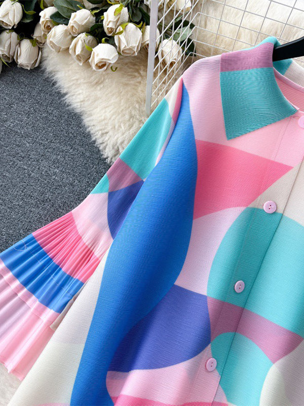 Flared Sleeves Loose Belted Contrast Color Pleated Midi Dresses