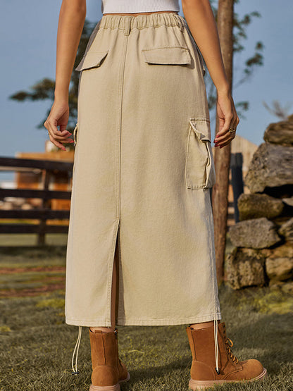 Jupe trapèze ample avec cordon de serrage et poches élastiques, couleur unie, dos fendu 