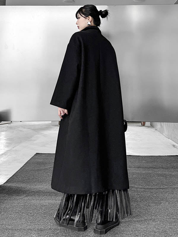 Irregularity Long Sleeves Buttoned Contrast Color Double-Breasted Split-Joint Tasseled Notched Collar Outerwear Overcoat