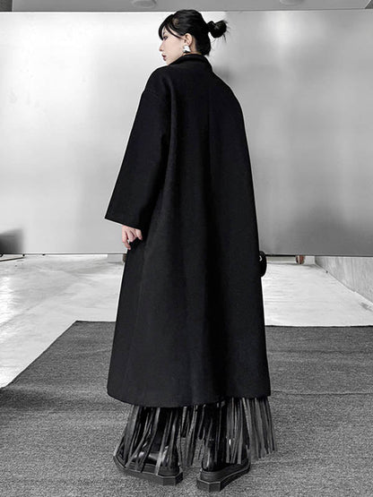 Irregularity Long Sleeves Buttoned Contrast Color Double-Breasted Split-Joint Tasseled Notched Collar Outerwear Overcoat