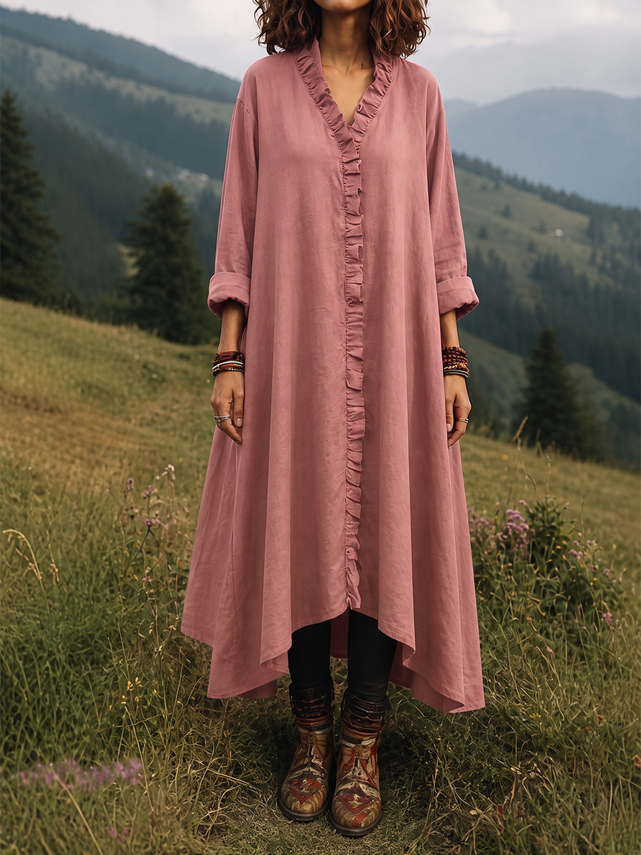 Split-Joint Solid Color Ruffled Loose Long Sleeves V-neck Midi Dresses