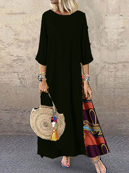 Loose Plus Size Buttoned Contrast Color Printed Round-Neck Midi Dresses