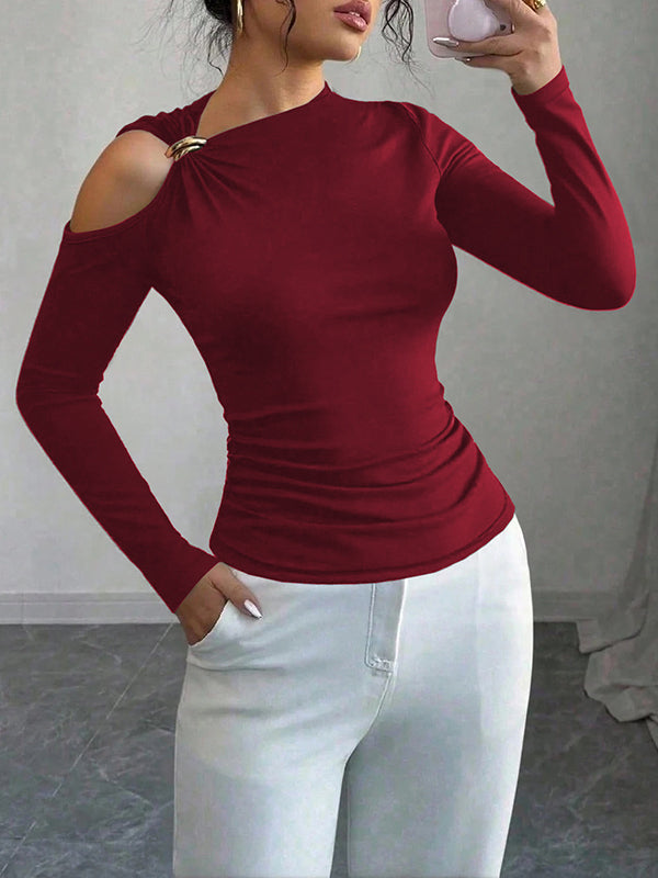 Long Sleeves Skinny Asymmetric Solid Color Asymmetric Neckline T-Shirts