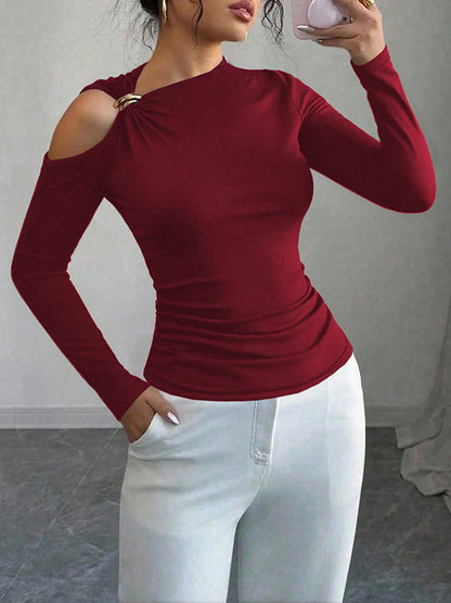 Long Sleeves Skinny Asymmetric Solid Color Asymmetric Neckline T-Shirts