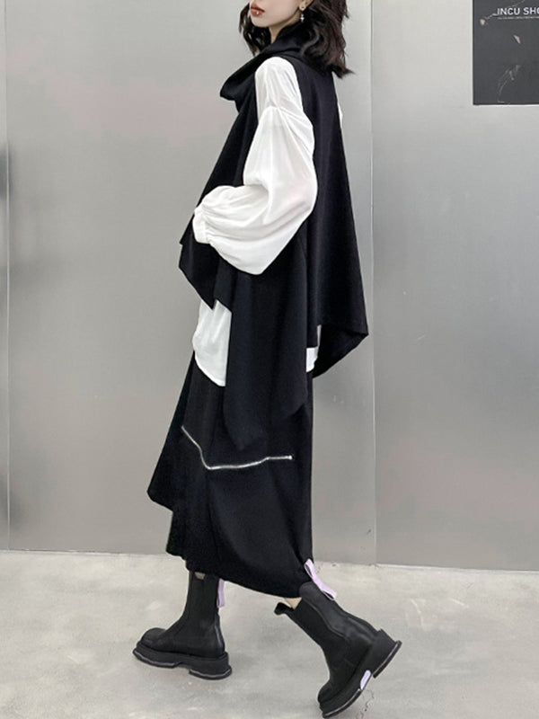 High-Low Irregular Clipping Hooded Solid Color Heaps Collar Vest Top