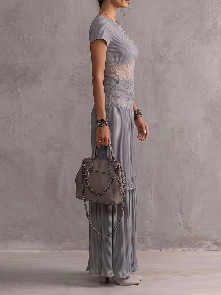 Solid Round-Neck Short Sleeves T-Shirts Tops + Pleated See-Through Split-Joint High Waisted Skirts Bottoms Two Pieces Set