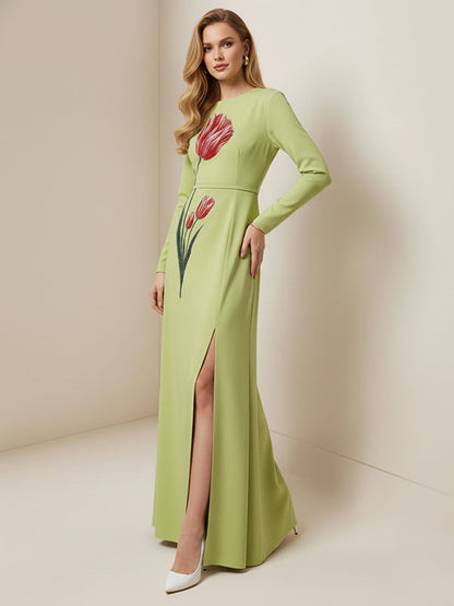 Long Sleeves Contrast Color Flower Print Split-Side Zipper Round-Neck Maxi Dresses