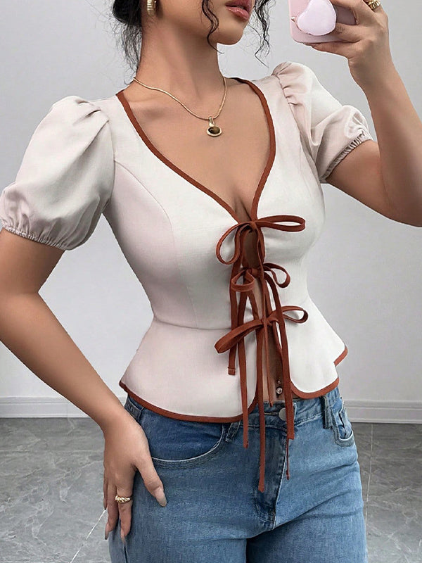 Loose Puff Sleeves Elasticity Pleated Tied V-Neck Blouses&Shirts Tops