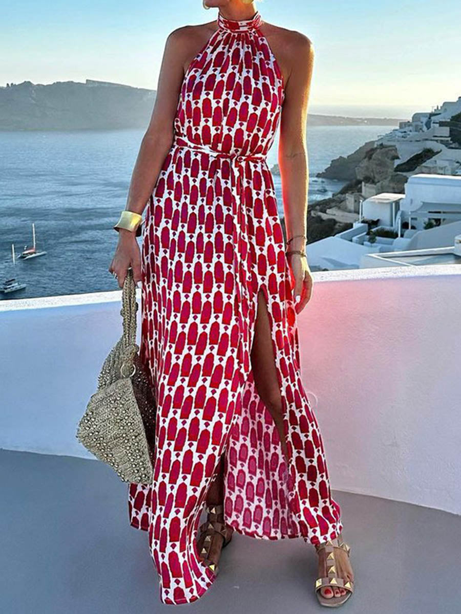 High Waisted Sleeveless Contrast Color Printed Split-Joint Split-Side Tied Waist Halter-Neck Maxi Dresses