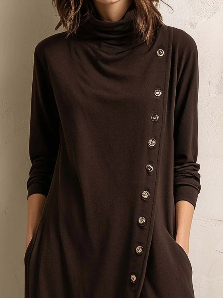 Solid Color Pockets Buttoned Asymmetric Long Sleeves Mock Neck Midi Dresses