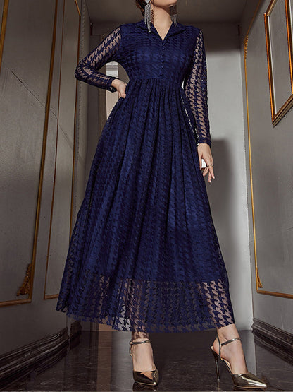 Robe longue taille haute, manches longues, boutonnée, transparente, couleur unie, col en V 