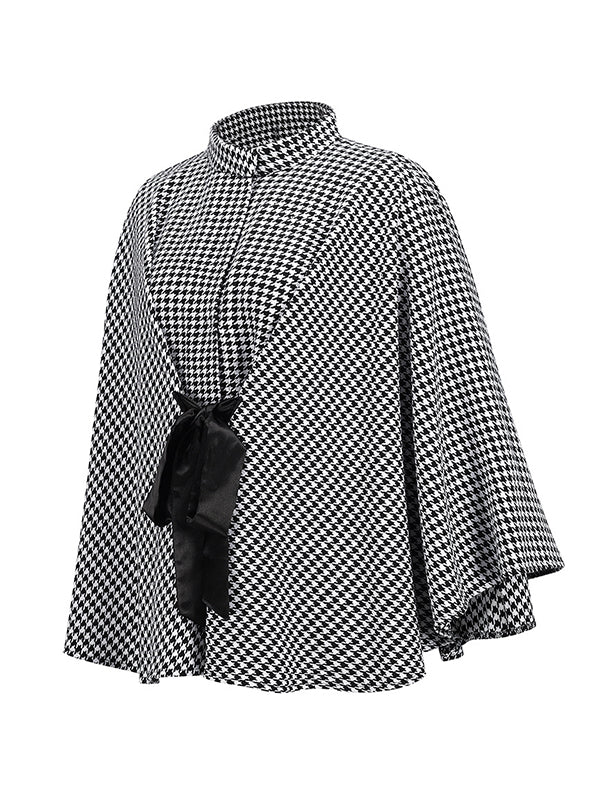 Batwing Sleeves Long Sleeves Houndstooth Tied Waist Stand Collar Cape Outerwear
