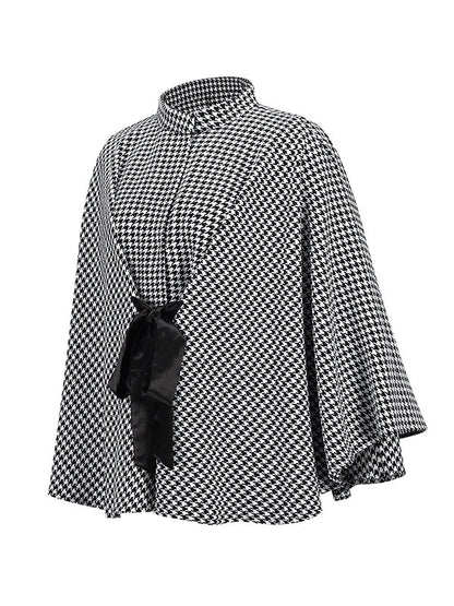 Batwing Sleeves Long Sleeves Houndstooth Tied Waist Stand Collar Cape Outerwear