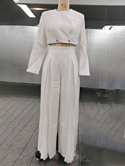 Long Sleeves Buttoned Solid Color Split-Joint Round-Neck Blazers Top + Zipper Wide Leg Mesh Pleated Pants Bottom Two Pieces Set