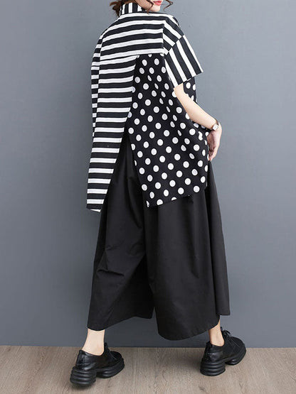 Loose Short Sleeves Buttoned Contrast Color Pockets Polka-Dot Split-Back Split-Joint Striped Lapel Blouses&Shirts Tops