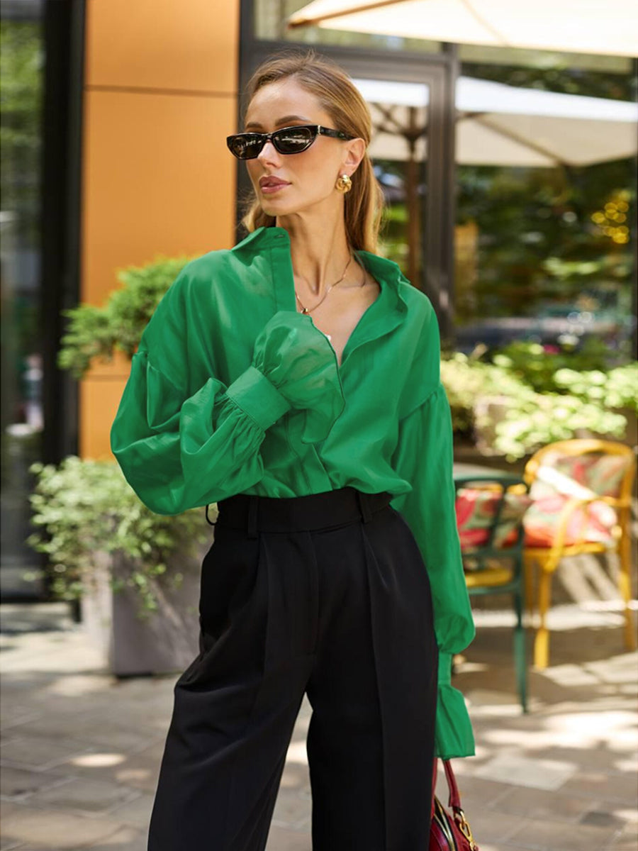 Long Sleeves Puff Sleeves Buttoned Pleated Ruffled Solid Color Split-Joint Lapel Blouses&Shirts Tops