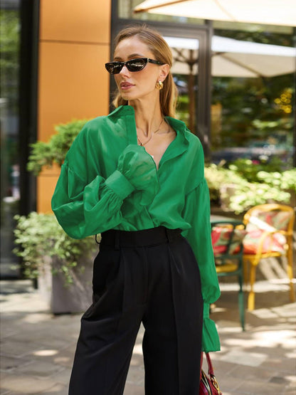 Long Sleeves Puff Sleeves Buttoned Pleated Ruffled Solid Color Split-Joint Lapel Blouses&Shirts Tops