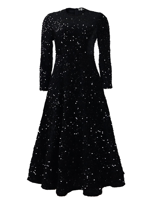Robe longue trapèze taille haute à paillettes, fermeture éclair fendue et col rond 