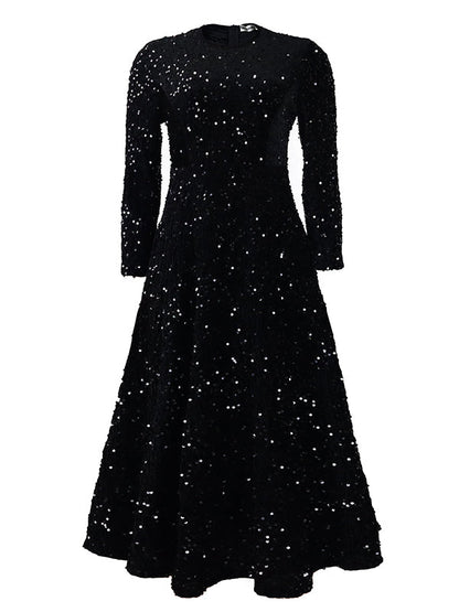 Robe longue trapèze taille haute à paillettes, fermeture éclair fendue et col rond 