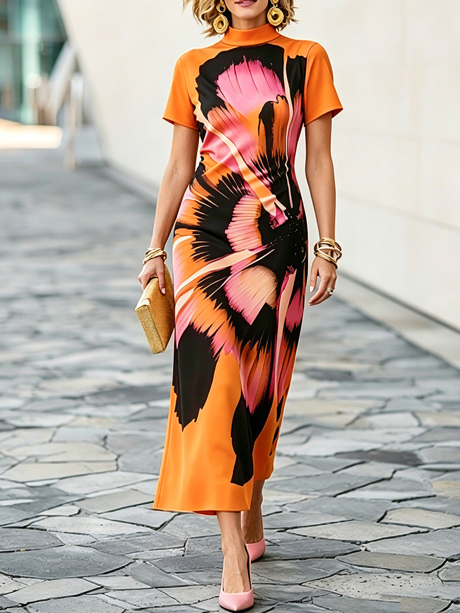 Bodycon Short Sleeves Contrast Color Printed High Neck Maxi Dresses