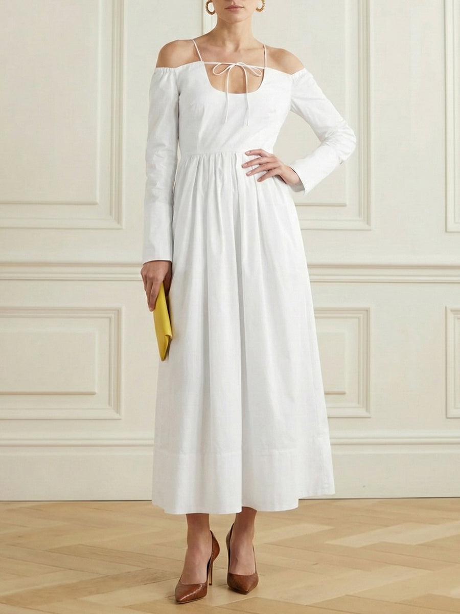 A-Line Elasticated Waist Adjustable Pleated Solid Color Split-Joint Boat Neck Maxi Dresses